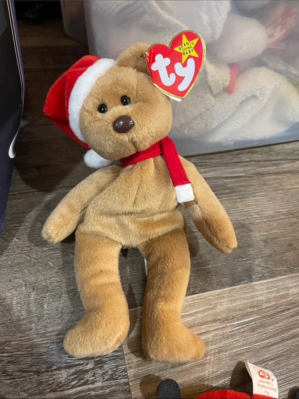 Ty Brown Plush Bear with Red Santa Hat and Scarf